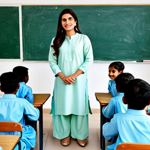Home 17 **
"A fully clothed professional female teacher in Pakistan, wearing a modest Shalwar Kameez, standing in a bright and cheerful classroom with children, safe for work, appropriate attire, perfect anatomy, natural pose, high-resolution, educational setting, family-friendly, professional."
**