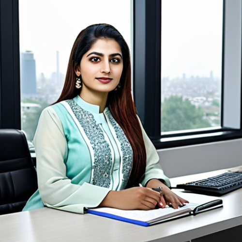 Home 10 **Subject:** A successful Pakistani businesswoman in a modern office setting. **Clothing:** She is wearing a stylish, fully clothed Shalwar Kameez with subtle embroidery. **Environment:** The office has large windows overlooking a cityscape, with a neat desk and computer. **Modifiers:** Professional, high quality, perfect anatomy, natural pose, safe for work, appropriate content, family-friendly.