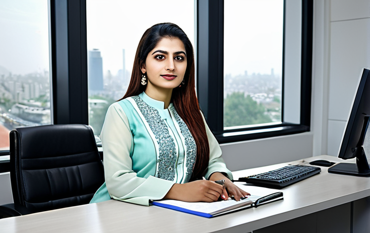 **Subject:** A successful Pakistani businesswoman in a modern office setting. **Clothing:** She is wearing a stylish, fully clothed Shalwar Kameez with subtle embroidery. **Environment:** The office has large windows overlooking a cityscape, with a neat desk and computer. **Modifiers:** Professional, high quality, perfect anatomy, natural pose, safe for work, appropriate content, family-friendly.