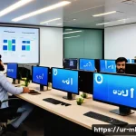 마케팅관리사와 AI 기술 접목 사례 - A modern office scene in Karachi with a diverse team of marketing professionals analyzing AI-driven ...