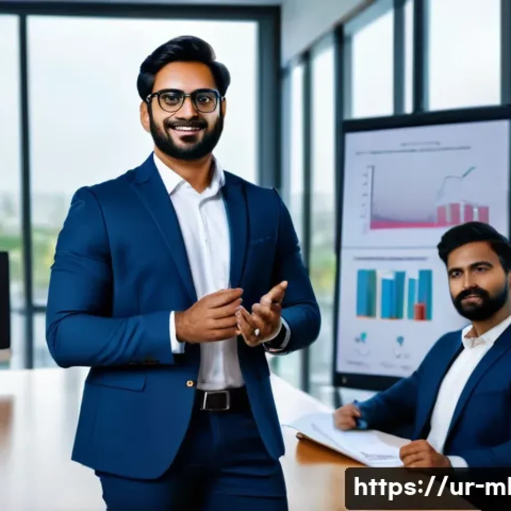마케팅관리사 자격증 취득 후 직장 만족도 변화 - A professional South Asian man in a modern office setting, wearing formal business attire and glasse...