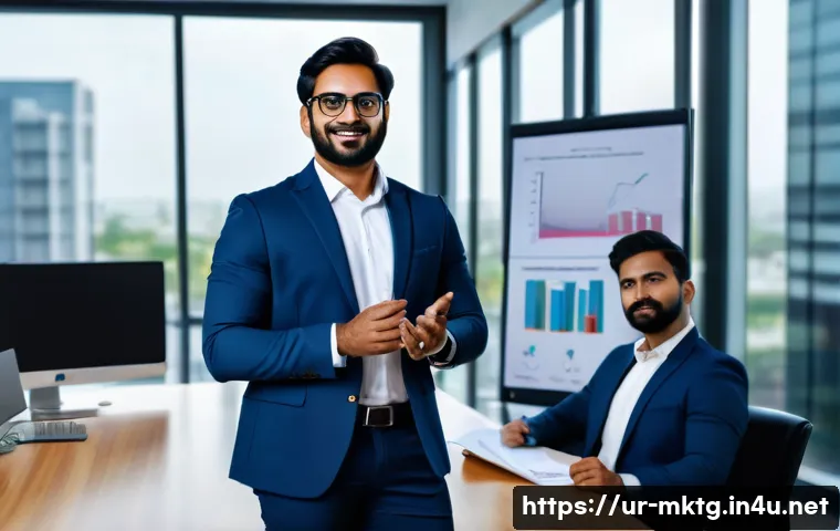 마케팅관리사 자격증 취득 후 직장 만족도 변화 - A professional South Asian man in a modern office setting, wearing formal business attire and glasse...