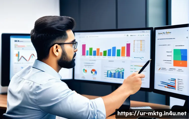 마케팅관리사 실기 시험에서 강조되는 기술 - A professional digital marketing specialist in a modern office setting, analyzing colorful SEO and S...