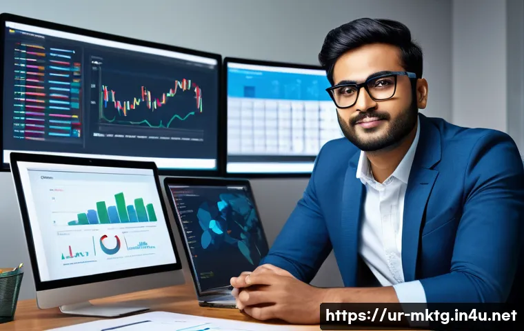 마케팅관리사 시험 준비에 필요한 마케팅 소프트웨어 - A modern digital marketing manager sitting at a sleek office desk with multiple screens displaying s...