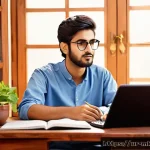 Home 22 마케팅관리사 필기 대비 학습 스케줄 - A focused study environment in a traditional Pakistani home setting, featuring a young adult male st...