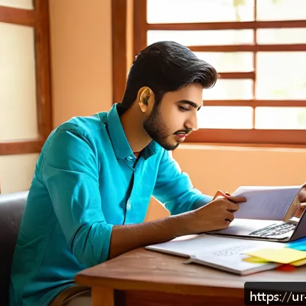 마케팅관리사 자격증 준비 기간 - A focused young South Asian man studying marketing management at home, sitting at a wooden desk with...