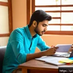 Home 21 마케팅관리사 자격증 준비 기간 - A focused young South Asian man studying marketing management at home, sitting at a wooden desk with...