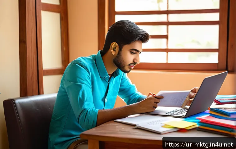 마케팅관리사 자격증 준비 기간 - A focused young South Asian man studying marketing management at home, sitting at a wooden desk with...
