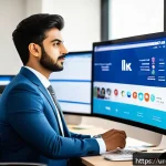 Home 19 마케팅관리사 시험 후 실기 채점 기준 - A professional digital marketing manager in a modern office setting, analyzing multiple digital chan...